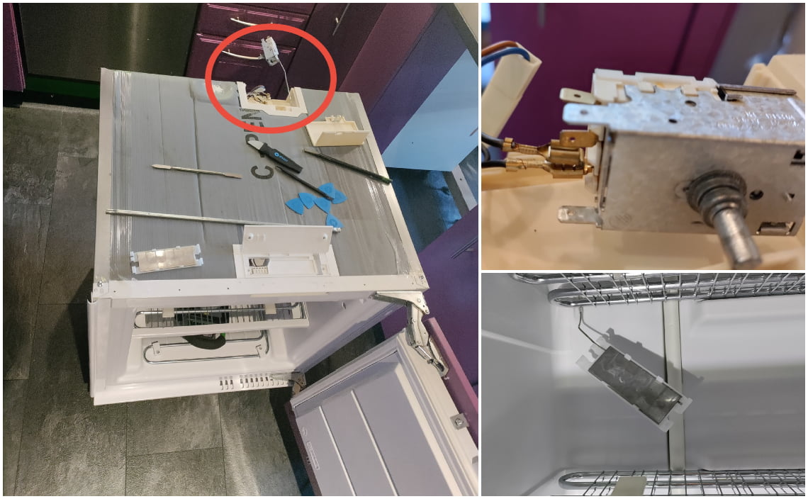 Gefrierschrank während der Reparatur: Oben links ein geöffneter Gefrierschrank mit Werkzeugen auf der Oberseite, rechts oben eine Nahaufnahme eines Thermostats, rechts unten die Innenansicht des Gefrierschranks mit dem Thermostat.