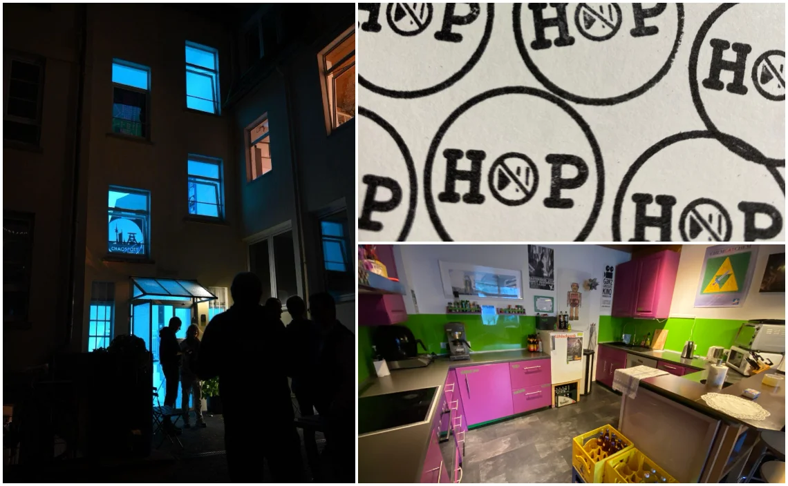Foto-Collage vom Chaospott: Links der Eingang bei Nacht mit blau beleuchteten Fenstern und Personen davor. Rechts oben ist ein rundes HOP-Logo mehrfach abgebildet. Rechts unten sieht man die farbenfrohe Küche des Chaospott mit pinken Schränken und grünen Wänden. Auf den Arbeitsflächen stehen Küchengeräte und Geschirr.