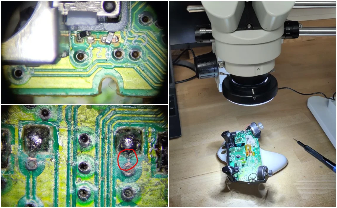 Die Collage zeigt die Reparatur eines geöffneten Xbox-Controllers. Zwei stark vergrößerte Mikroskopaufnahmen dokumentieren Schäden an der Leiterplatte: gelöste SMD-Bauteile sowie eine unterbrochene Leiterbahn, deren beschädigte Stelle mit einem roten Kreis markiert ist. Das dritte Bild zeigt den geöffneten Controller unter einem Stereomikroskop.