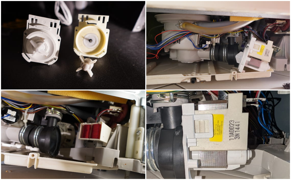 Collage aus vier Fotos einer Spülmaschine: Oben links zwei ausgebauten Pumpeneinheiten mit Laufrad, oben rechts die eingebaute Pumpe mit Schläuchen und Kabeln, unten links Detail mit schwarzem Schlauch und rotem Magnetventil, unten rechts Nahaufnahme einer Pumpe mit gelbem Aufkleber und Aufschrift 1A0023 3N1441. 