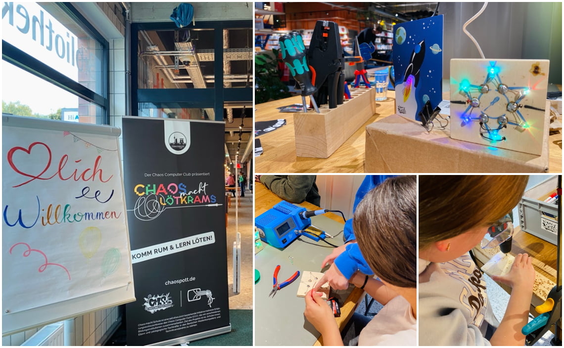 Collage: Das linke Bild zeigt den Eingangsbereich der Stadtbibliothek mit einem Aufsteller von „Chaos macht Lötkrams“. Daneben steht ein weiteres Banner mit der Aufschrift „Herzlich willkommen“. Die restlichen Bilder zeigen einen LED-Stern und die Löt- bzw. Bohrarbeiten.