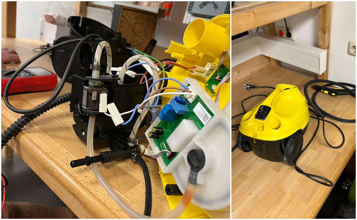 Aufgeschraubter gelber Dampfreiniger auf einer Werkbank. Links ist das geöffnete Gerät mit Kabeln, Pumpe und Elektronikplatine zu sehen, rechts daneben das wieder zusammengesetzte Gerät.