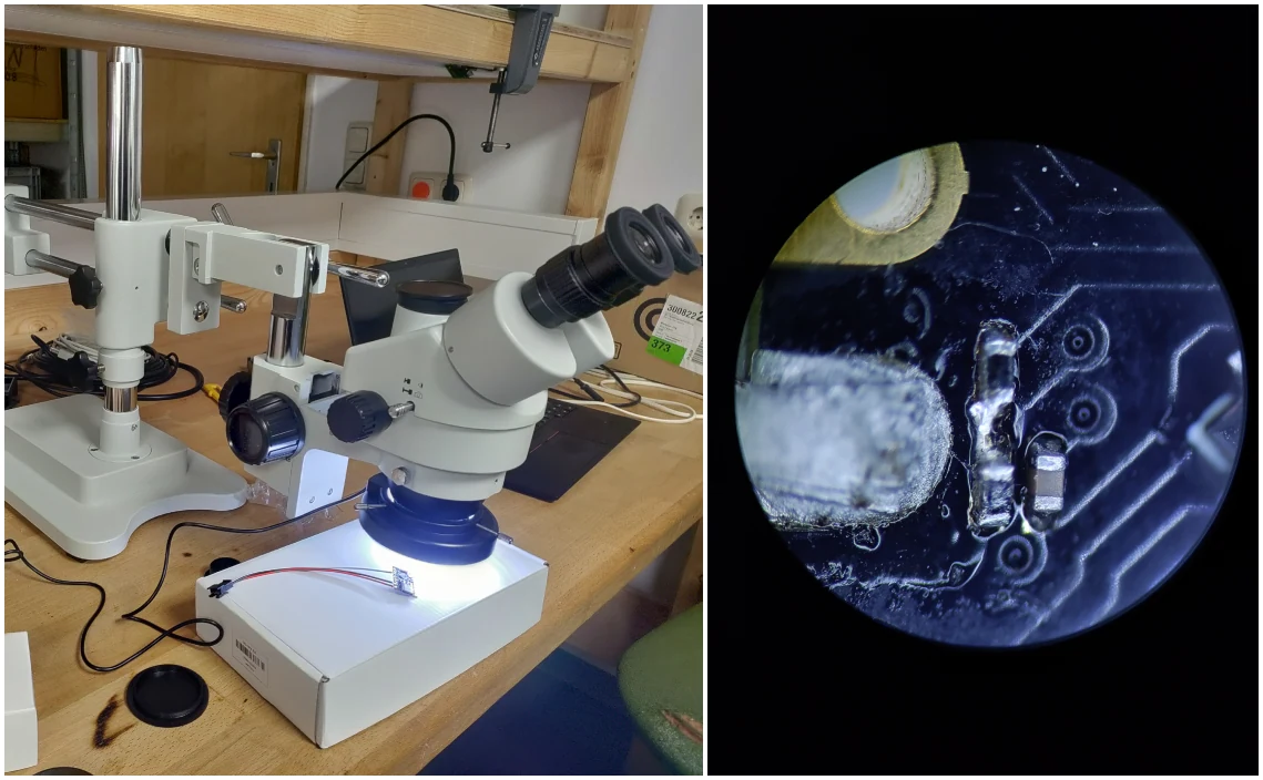 Das Bild zeigt ein Binokular und den vergrößerten Auschnitt eines WEMOS D1 Mini. Die Vergrößerung zeigt zwei Widerstände.