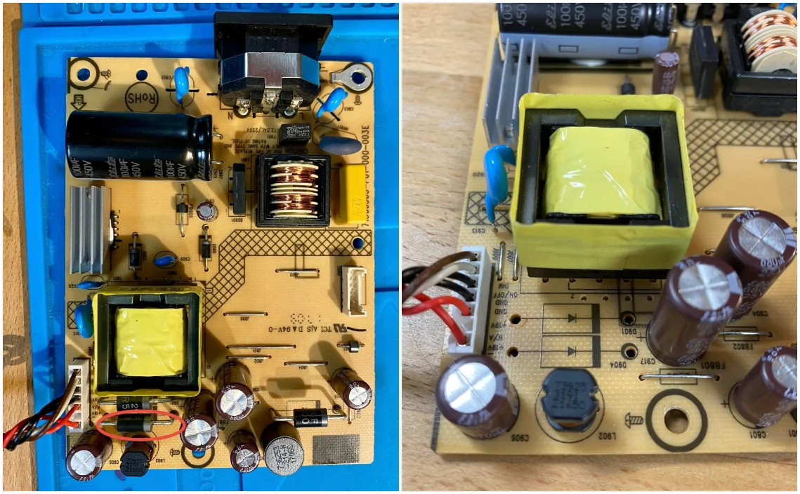 Das Bild zeigt eine Übersicht des geöffneten Netzteils und eine Nahaufnahme mit den bereits entfernten Schottky-Dioden
